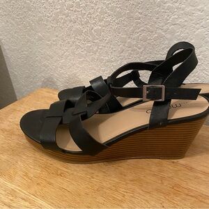Me Too Black and Brown Wedge Sandals